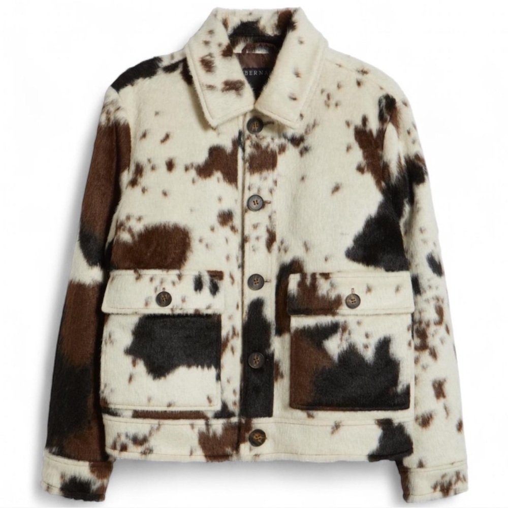 Bernardo Cow Print Faux Fur Jacket Brown Cream XS NWT